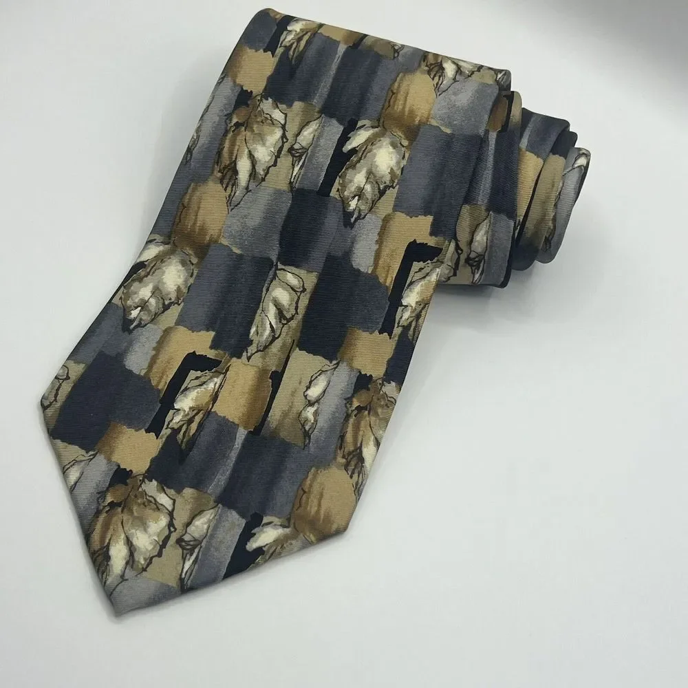 Geoffrey Beene Silk‎ Tie Necktie Suit Grid Leaves Fall Grey Brown Tan
